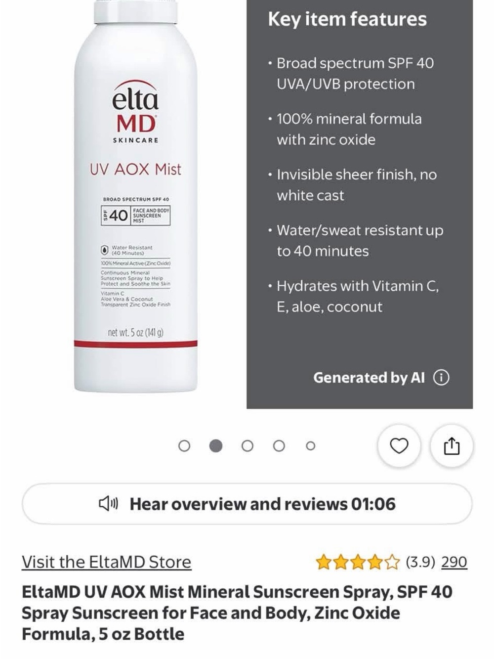 EltaMD UV AOX Mist Mineral Sunscreen Spray SPF 40